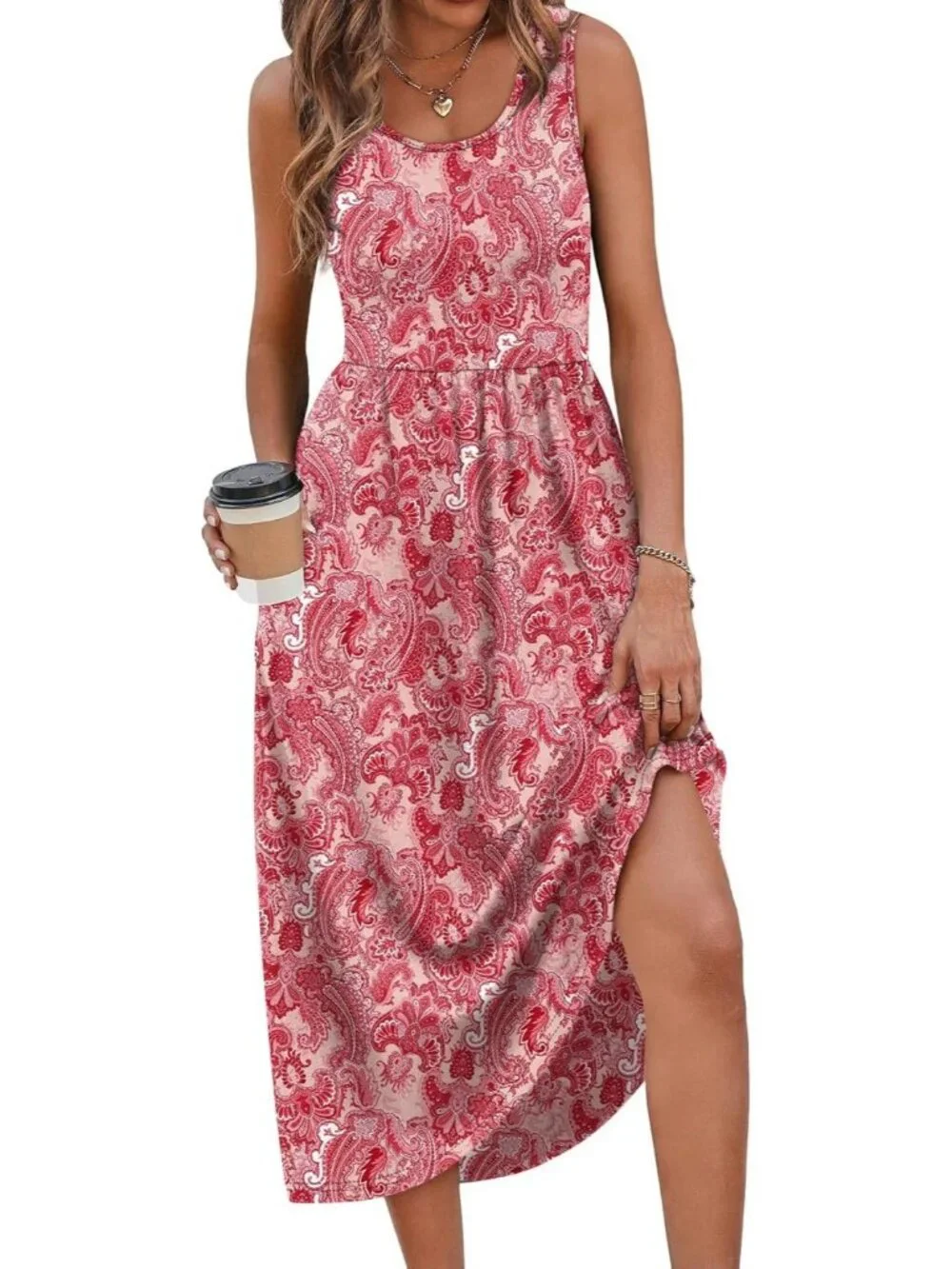 Women's Midi Dresses Red Paisley Print Scoop Neck Sleeveless Summer Casual Soft